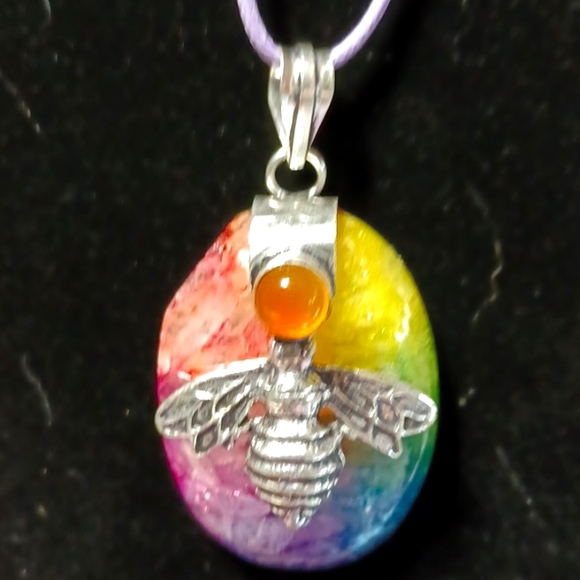 Rainbow solar agate pendant bee carnelian silver golden bug wings necklace gems - Picture 5 of 5